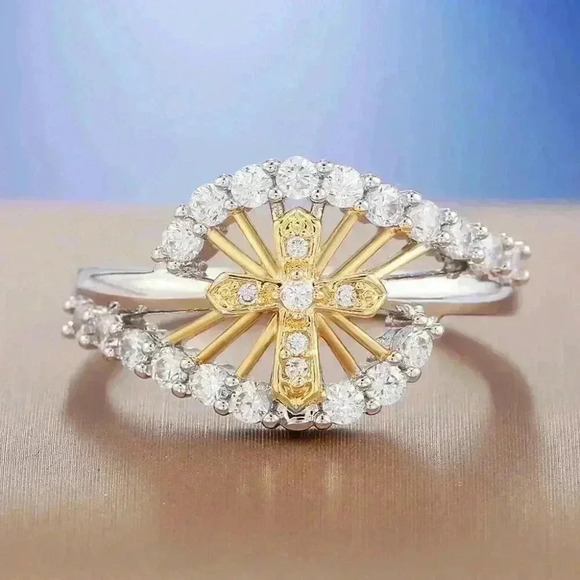 New 14k Gold Over Sterling Silver Diamond Cross Ring - Picture 4 of 5